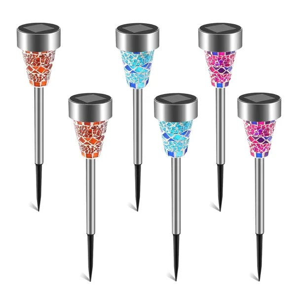 Solar path lights — 14.6 in garden stake lights with mosaic glass shades on stainless steel posts, pack of six