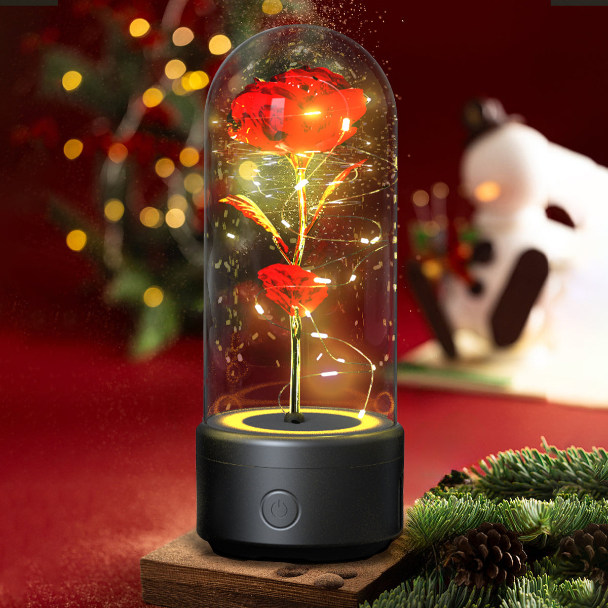 Decorative LED rose lamp under a glass dome on a lit round base, alternate view 3
