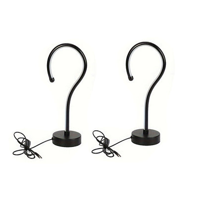 Quill question mark table lamp with curved acrylic tube on a black base, alternate view