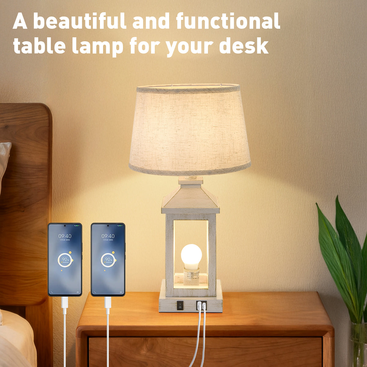 Ashbury farmhouse table lamp, distressed white lantern frame with natural linen shade, alternate view 3