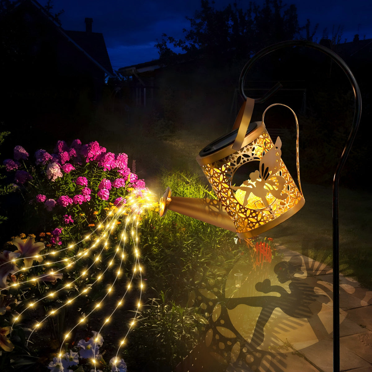 Bronze solar watering can lantern with cascading fairy lights, alternate view 6
