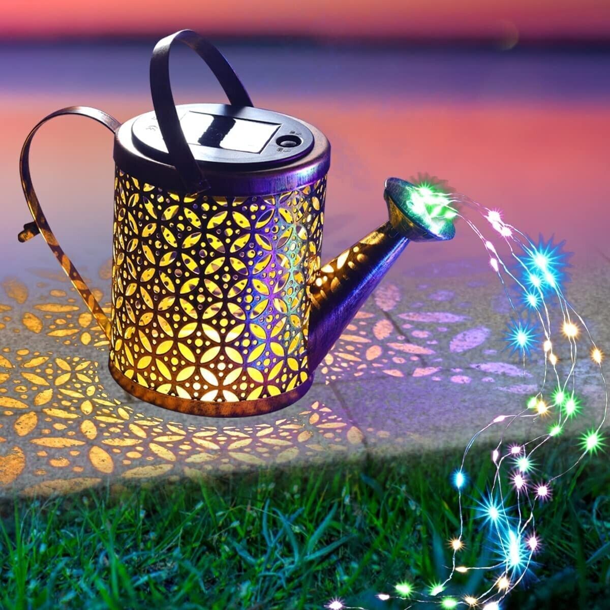 Copper solar watering can lantern with multicolour fairy lights, alternate view 6
