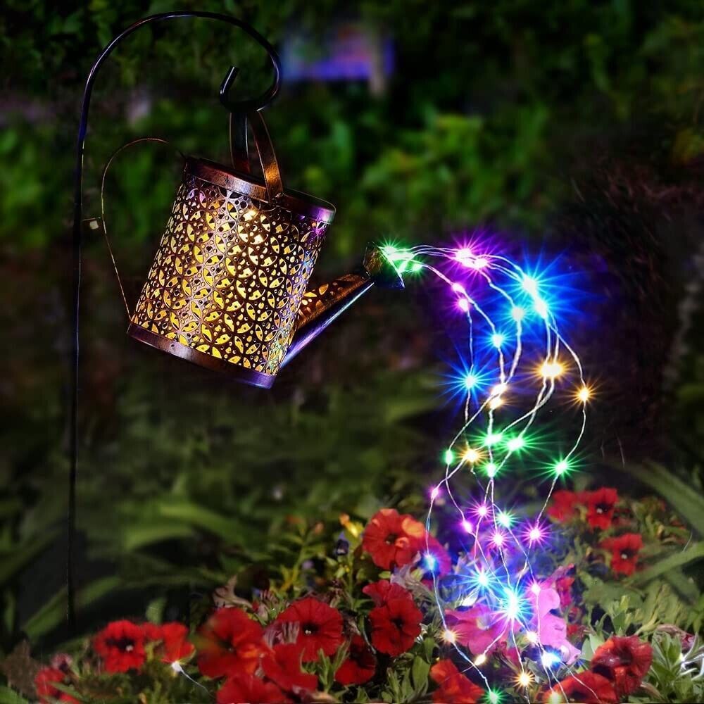 Copper solar watering can lantern with multicolour fairy lights, alternate view 7