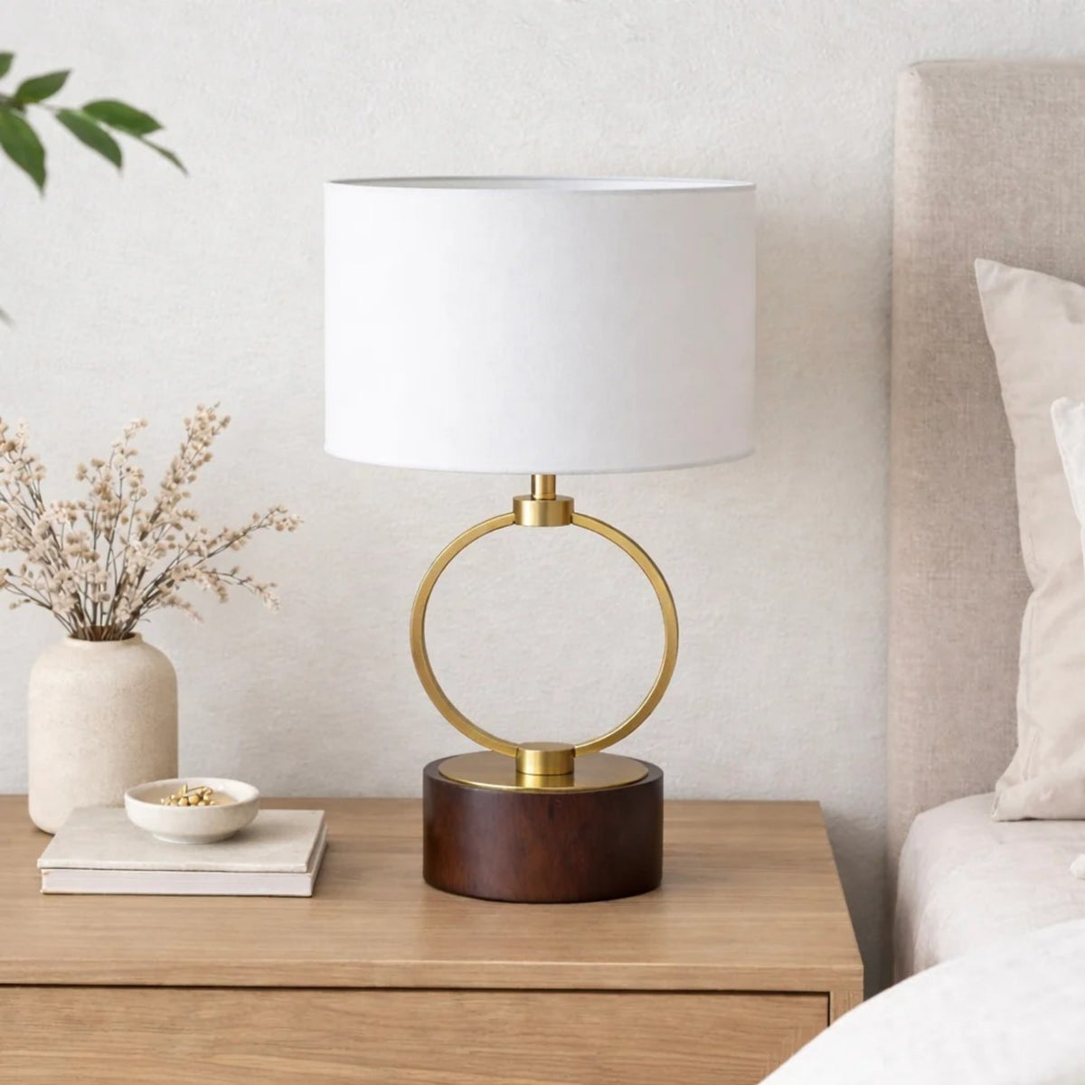 Ring table lamp with walnut base and linen shade, alternate view 2