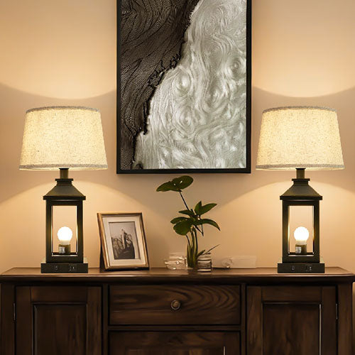 Farmhouse table lamp in black with natural linen shade, alternate view 3