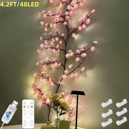 Cherry blossom tree branch lights with pink LED blossoms on bendable brown branches, USB powered, alternate view 1