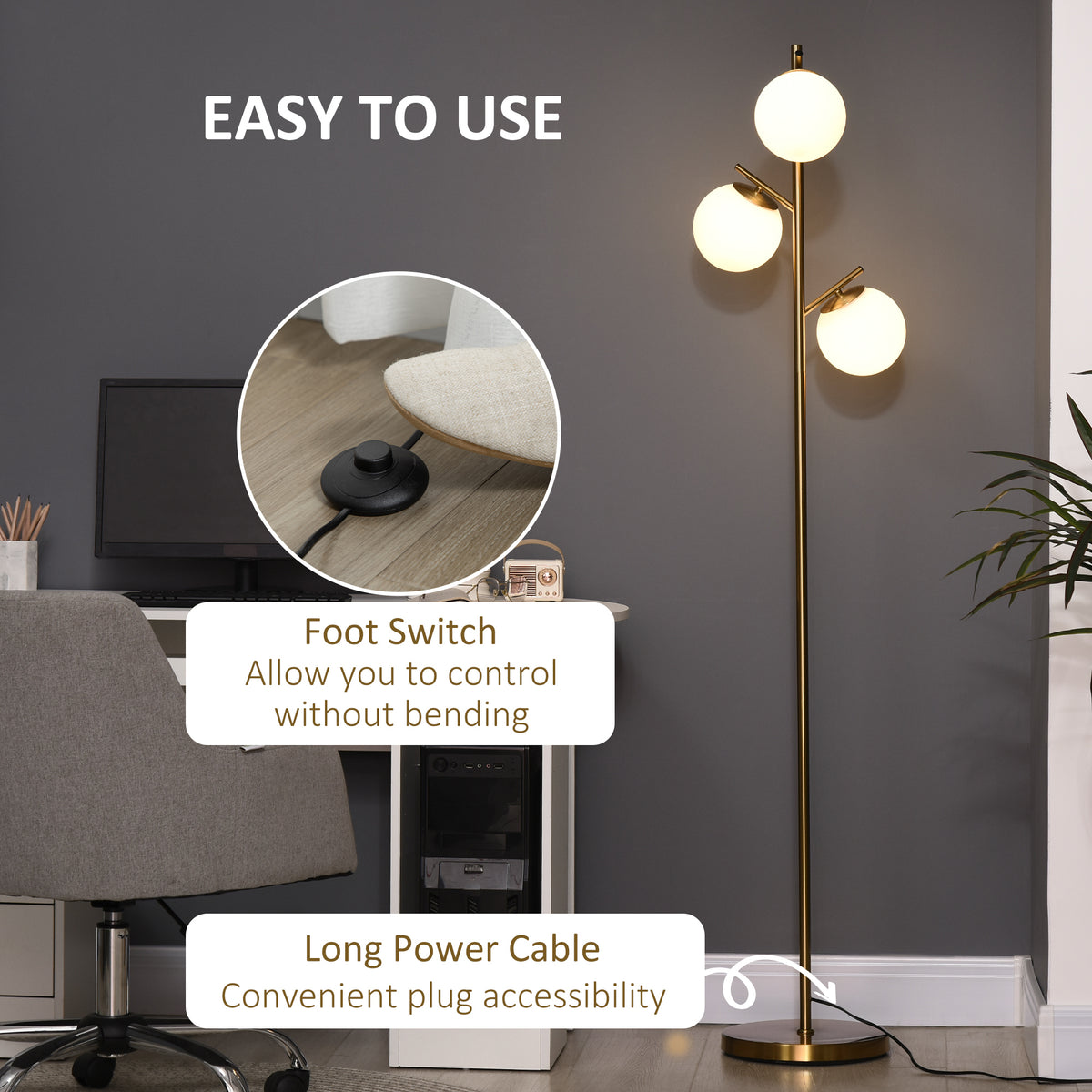 Bexley 3-light tree floor lamp in gold with glass globe shades, alternate view 4