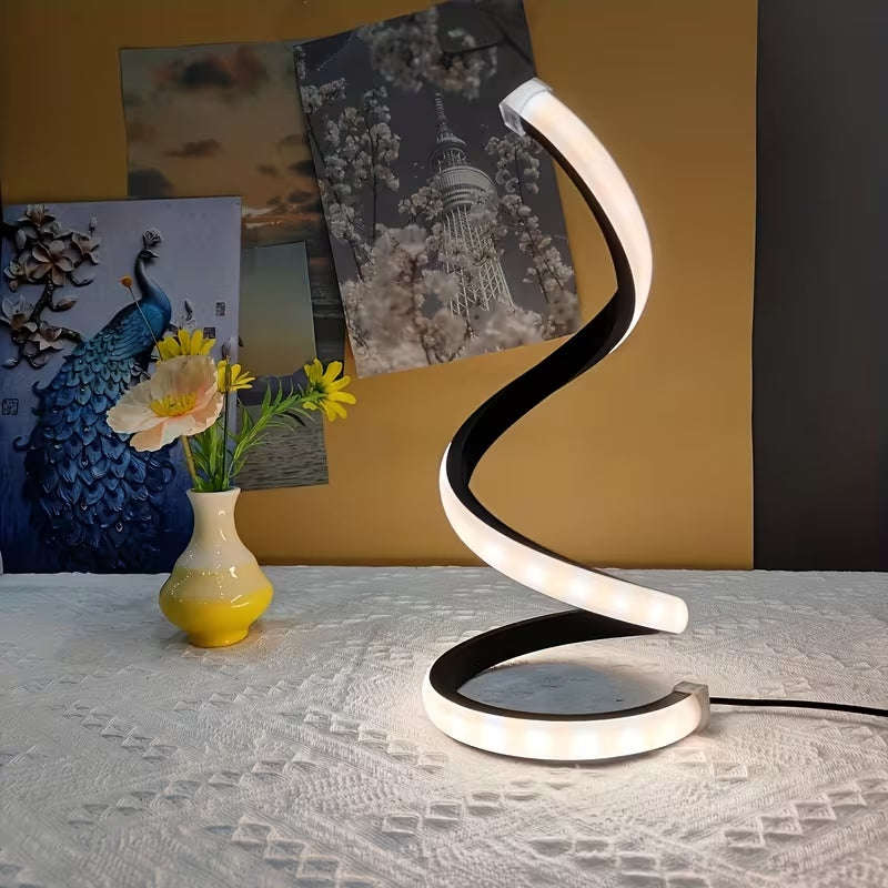 Spiral LED table lamp, 9.8 inch S-curve on a round base, alternate view 2