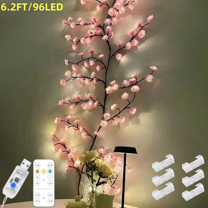 Cherry blossom tree branch lights with pink LED blossoms on bendable brown branches, USB powered, alternate view 5