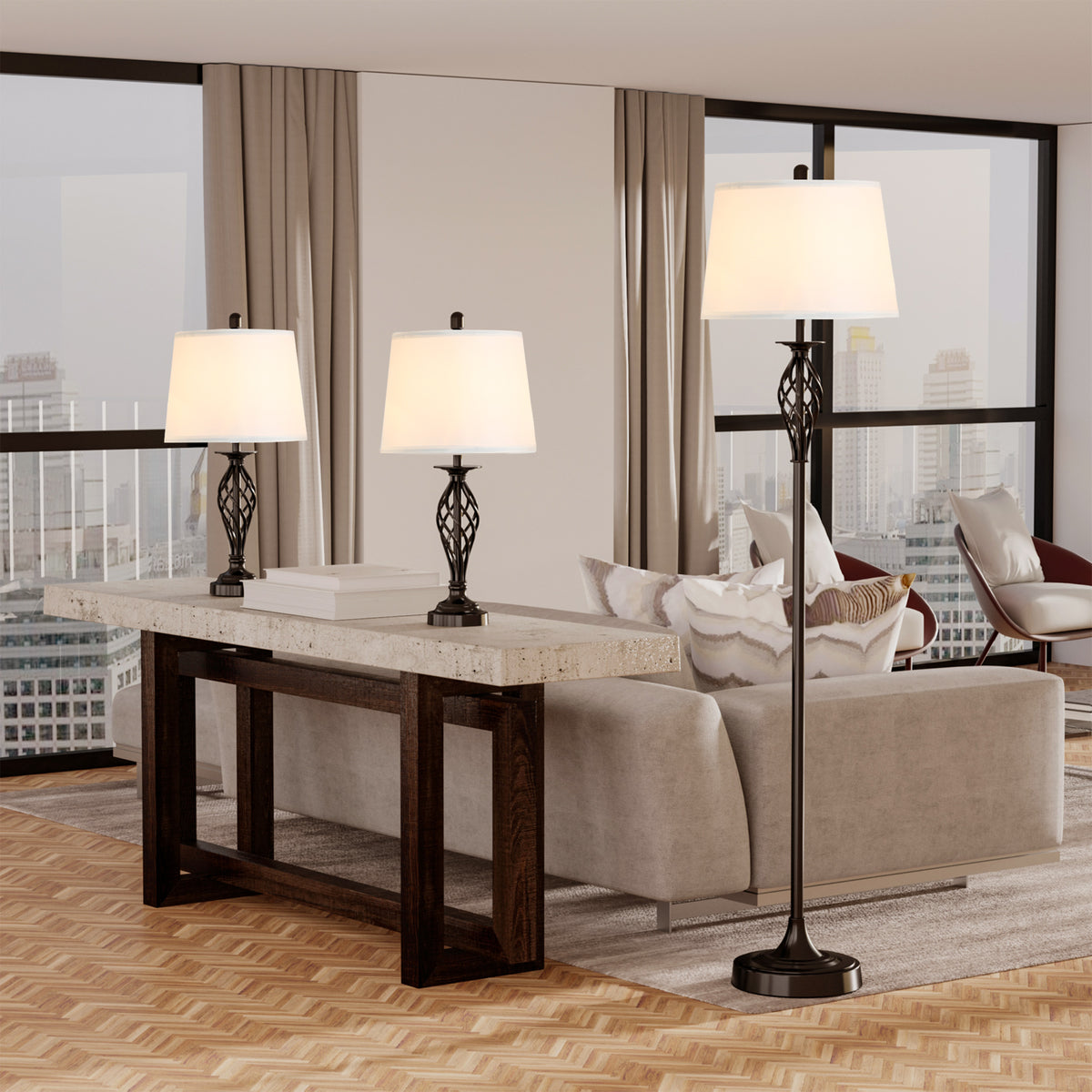 Whitmore three-piece lamp set with one black steel floor lamp and two matching table lamps with white fabric shades