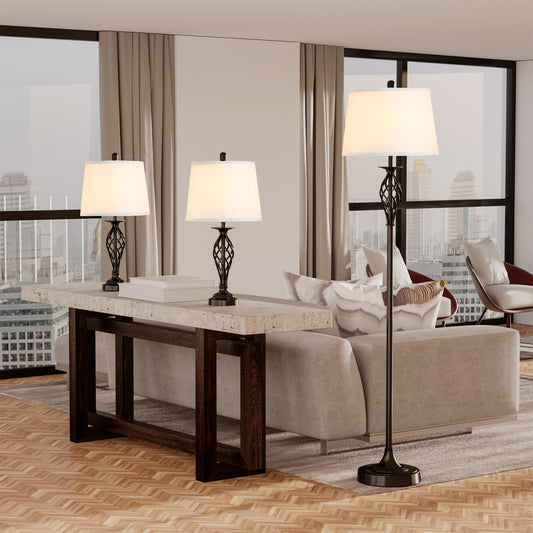 Whitmore three-piece lamp set with one black steel floor lamp and two matching table lamps with white fabric shades