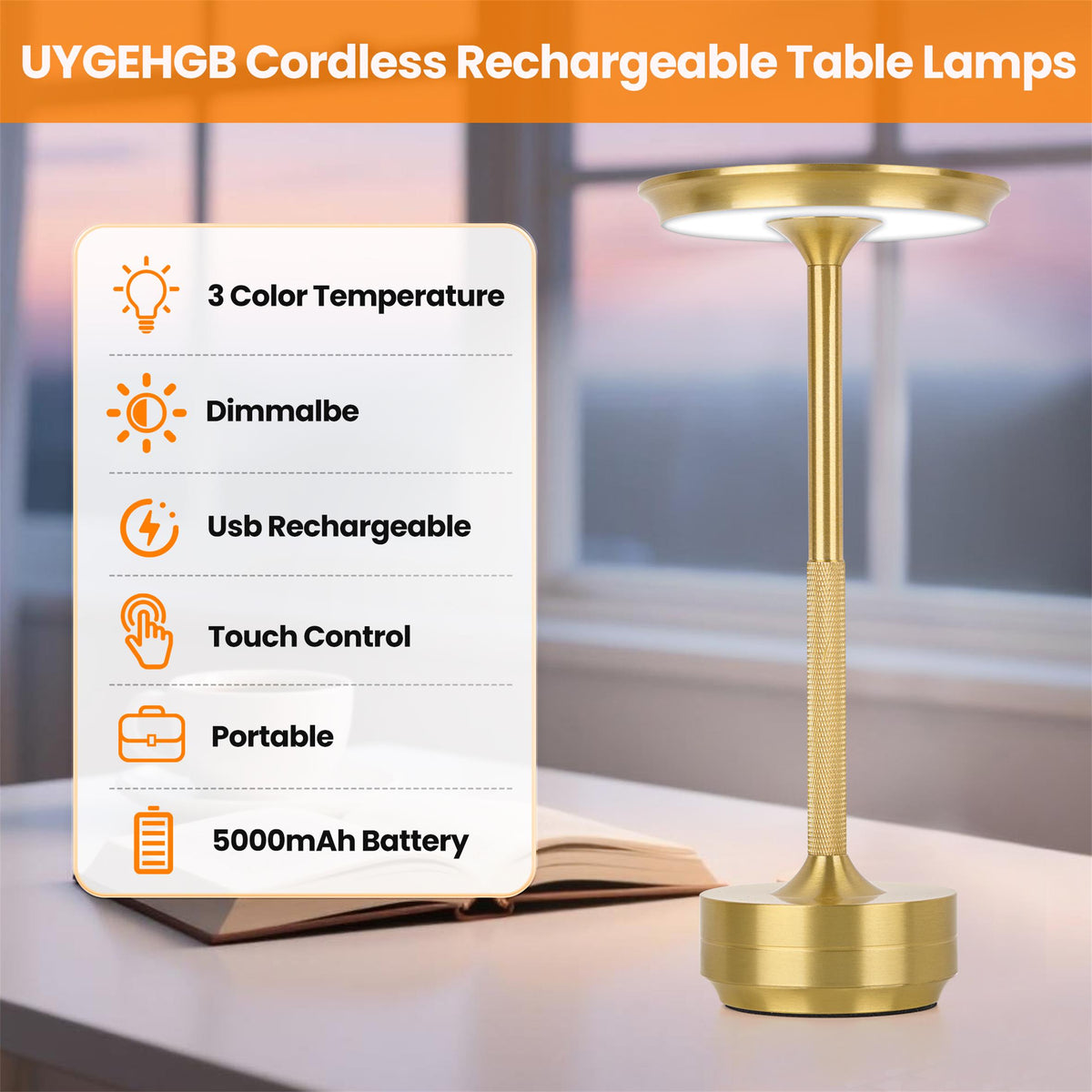 Fairlane cordless rechargeable table lamps in brushed gold, alternate view