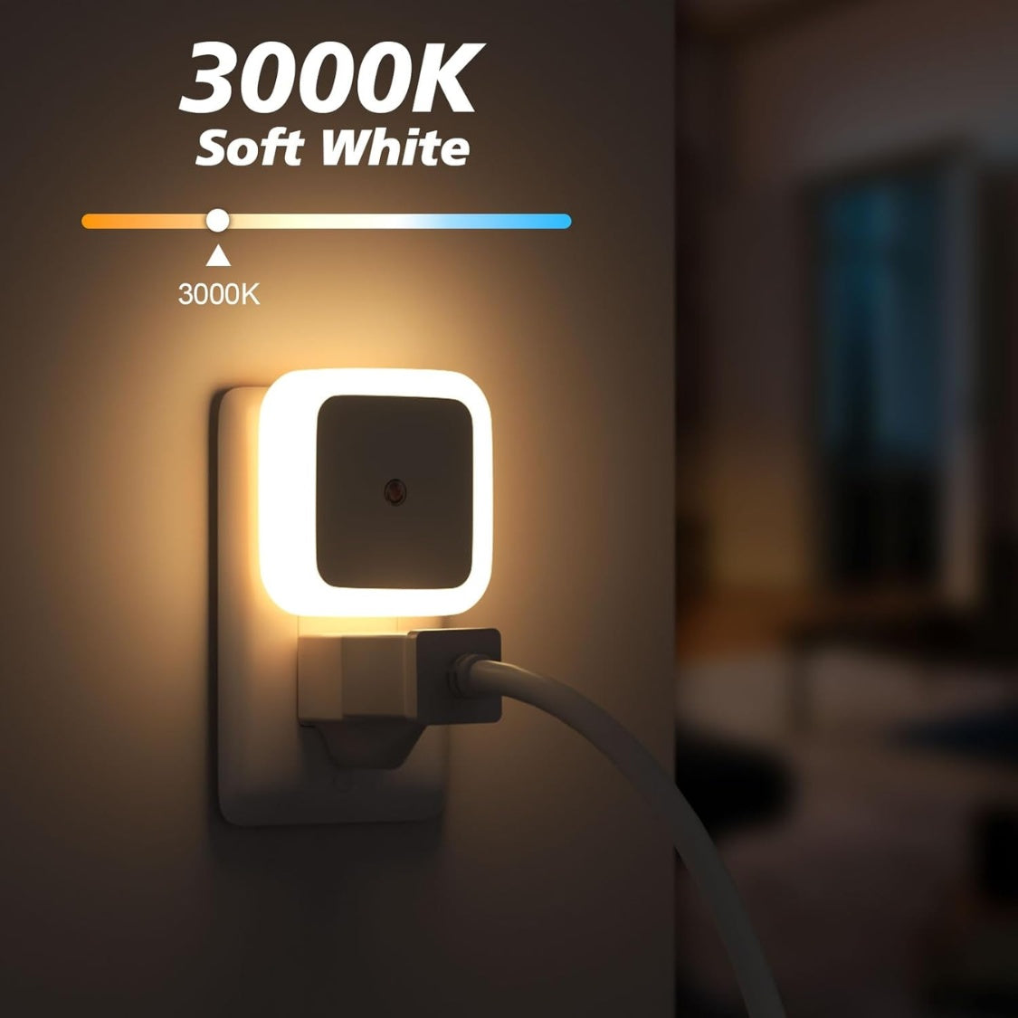 White plug-in dusk to dawn LED night light in a wall outlet, alternate view 3