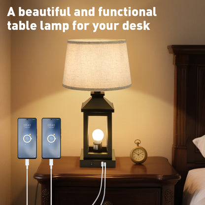 Brenton farmhouse table lamp in black with natural linen shade, alternate view
