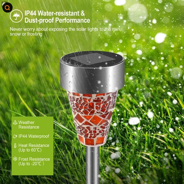 Mosaic glass solar stake light on a stainless steel post, alternate view 2