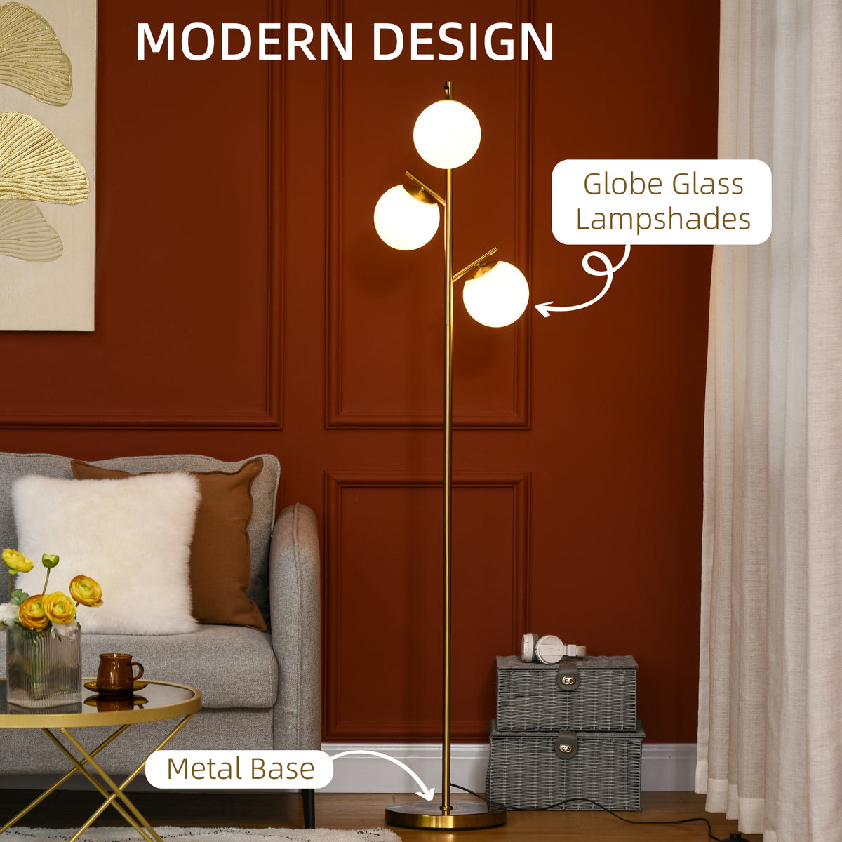 Bexley 3-light tree floor lamp in gold with glass globe shades, alternate view 3
