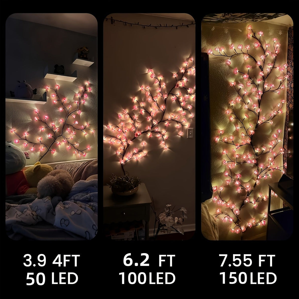 Cherry blossom LED branch vine lights shaped against a wall, alternate view 3