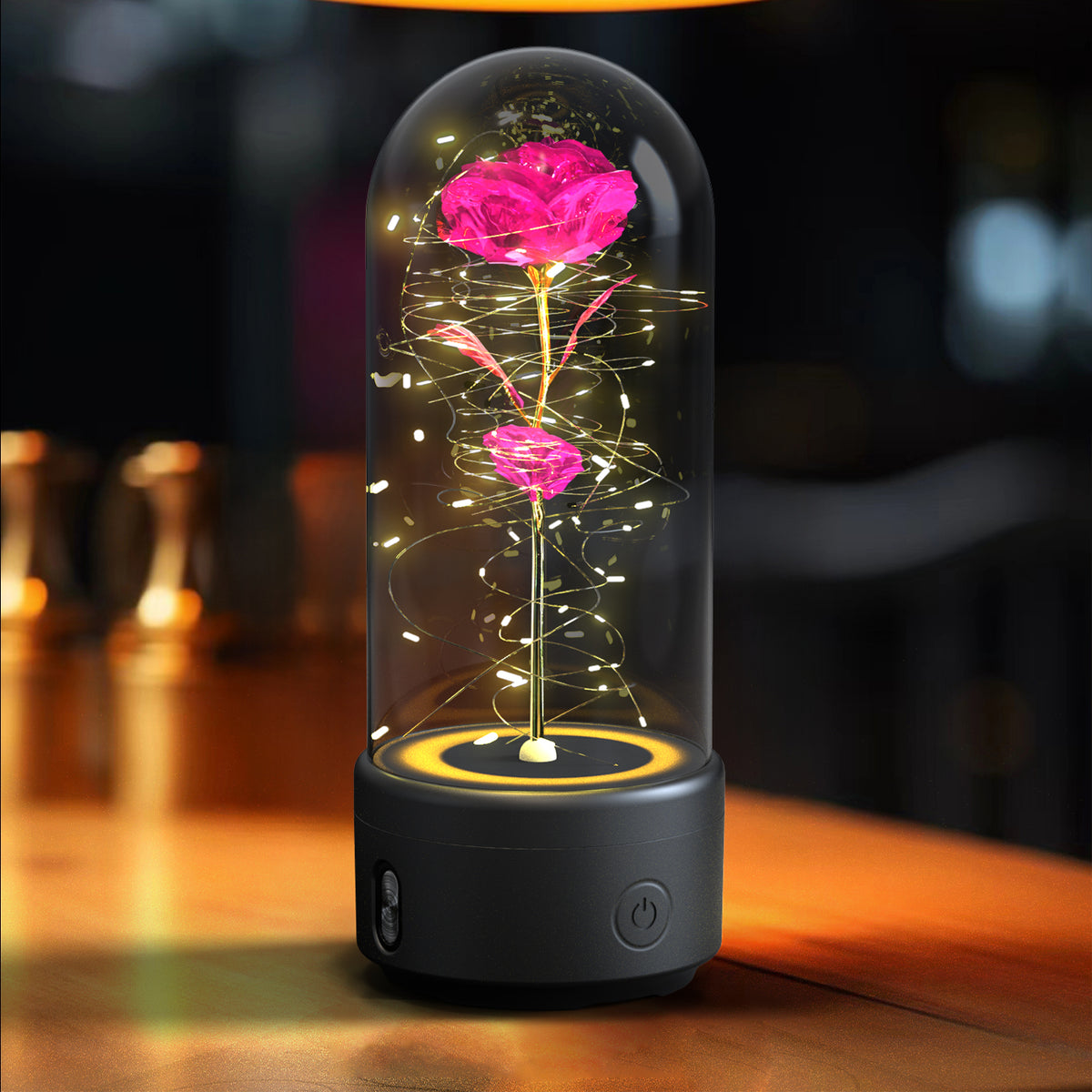 Decorative LED rose lamp under a glass dome on a lit round base, alternate view 7