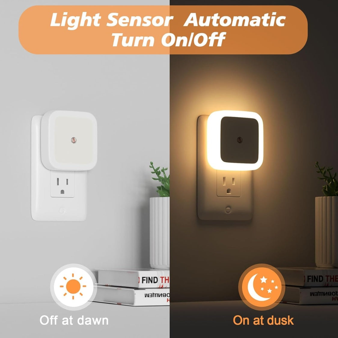 White plug-in dusk to dawn LED night light in a wall outlet, alternate view 6