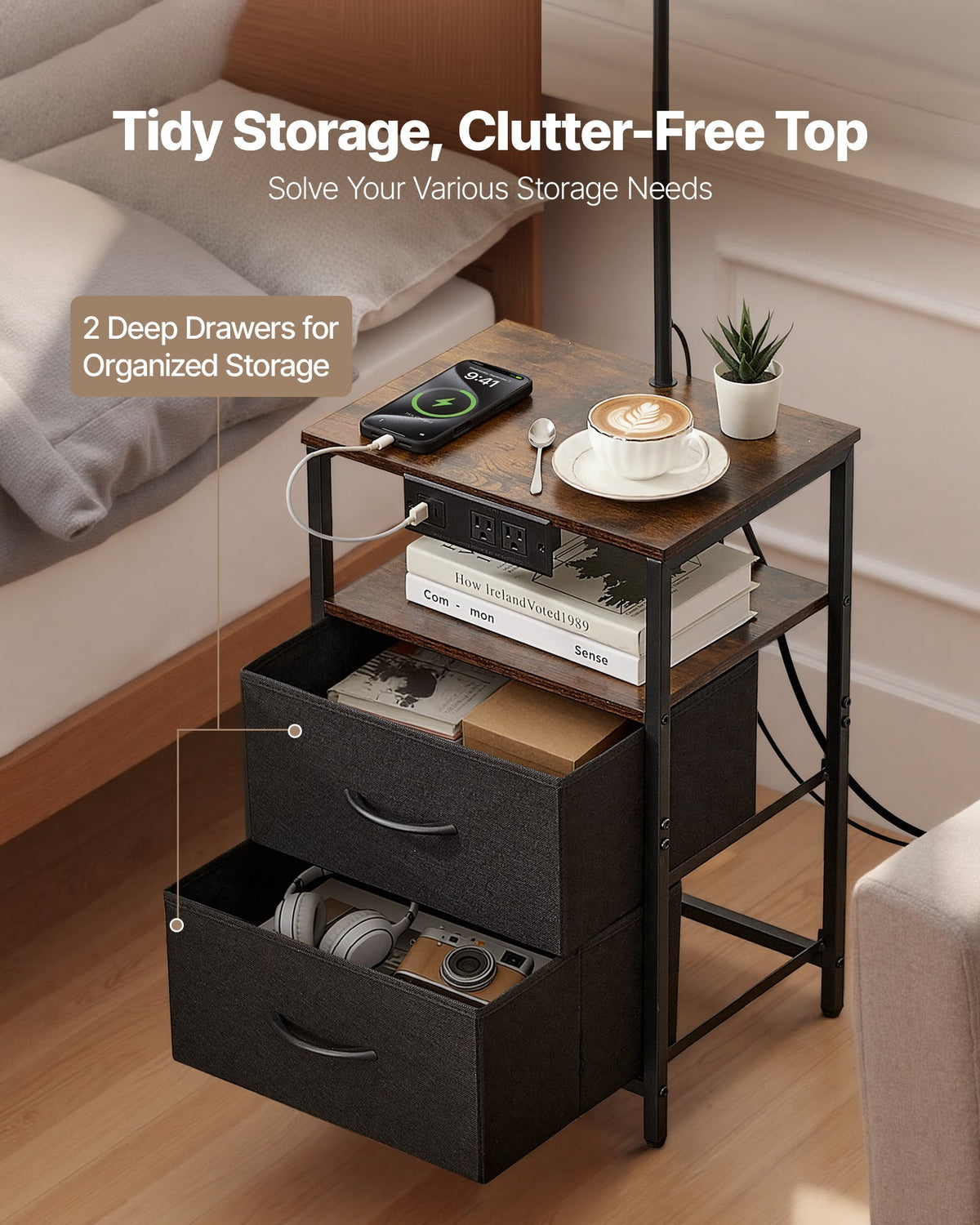 Halston 2-Tier floor lamp side table in black with macrame-wrapped shade and two drawers, alternate view 4