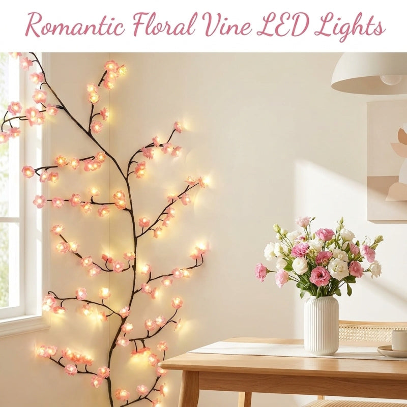 Cherry blossom LED branch vine lights shaped against a wall, alternate view 4