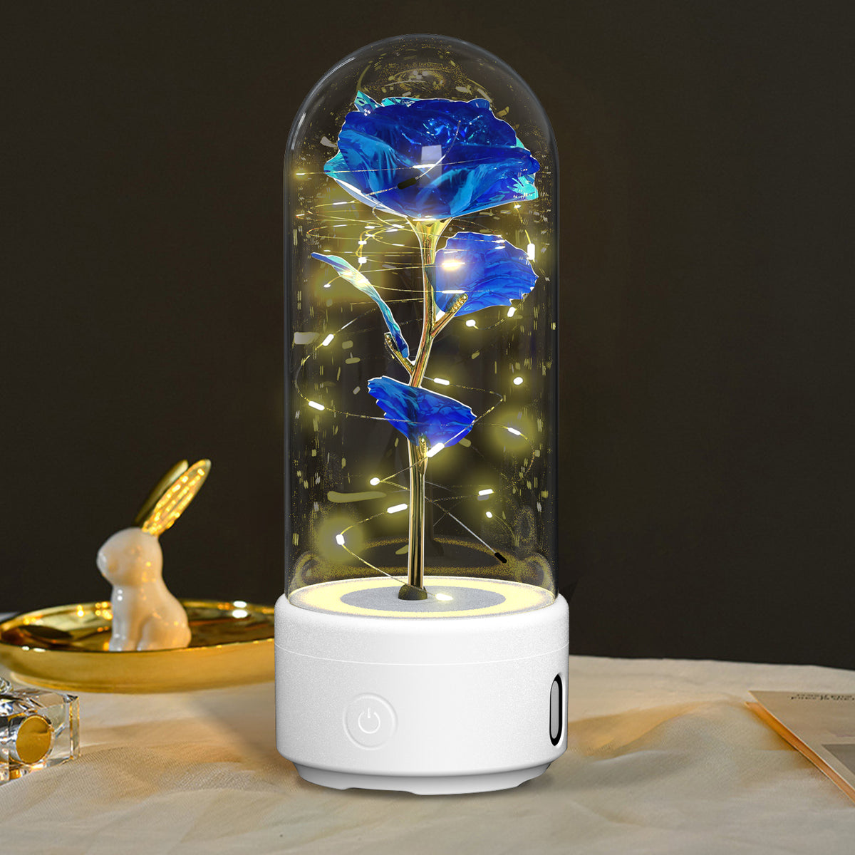 Decorative LED rose lamp under a glass dome on a lit round base, alternate view 12