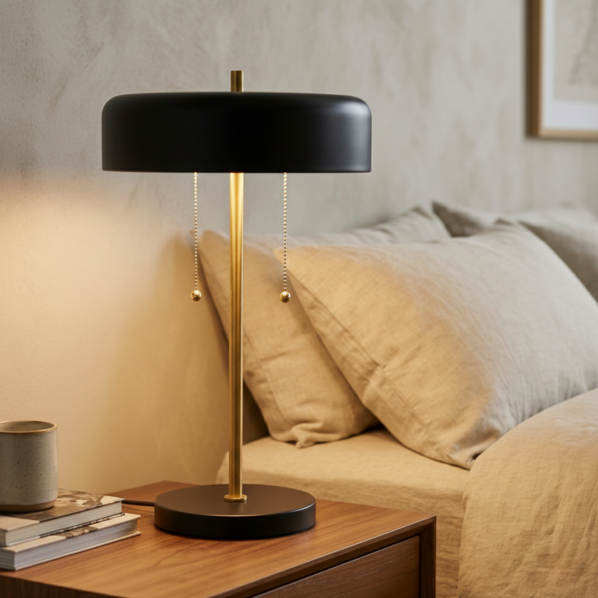 Black pull chain table lamp with wide drum shade and two pull chains on a bedside nightstand