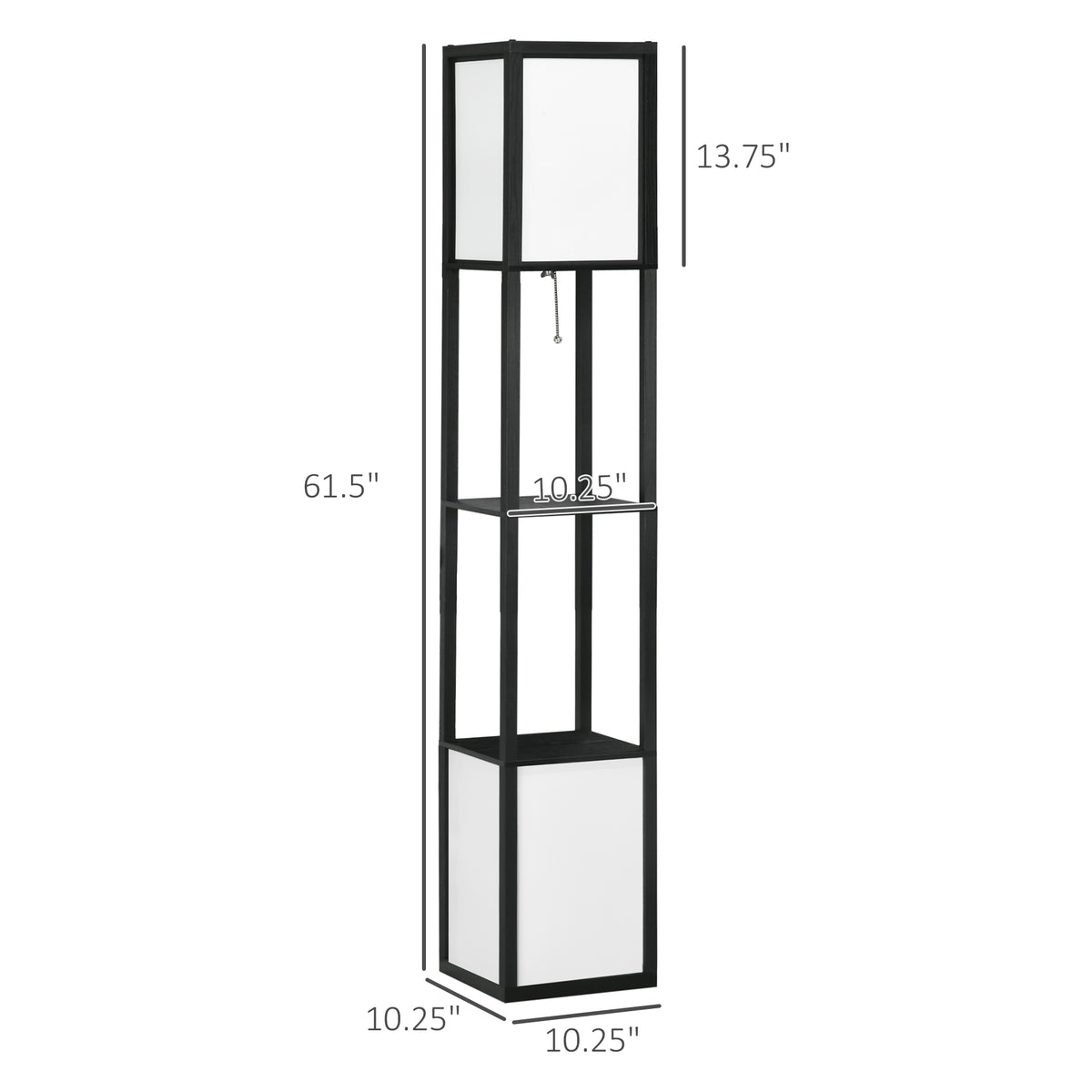 Ridley shelf floor lamp in black with two fabric shades and two open shelves, alternate view 4