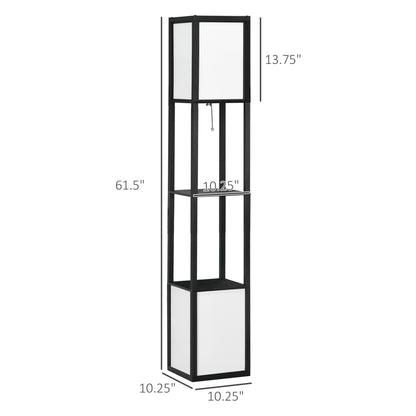 Ridley shelf floor lamp in black with two fabric shades and two open shelves, alternate view 4