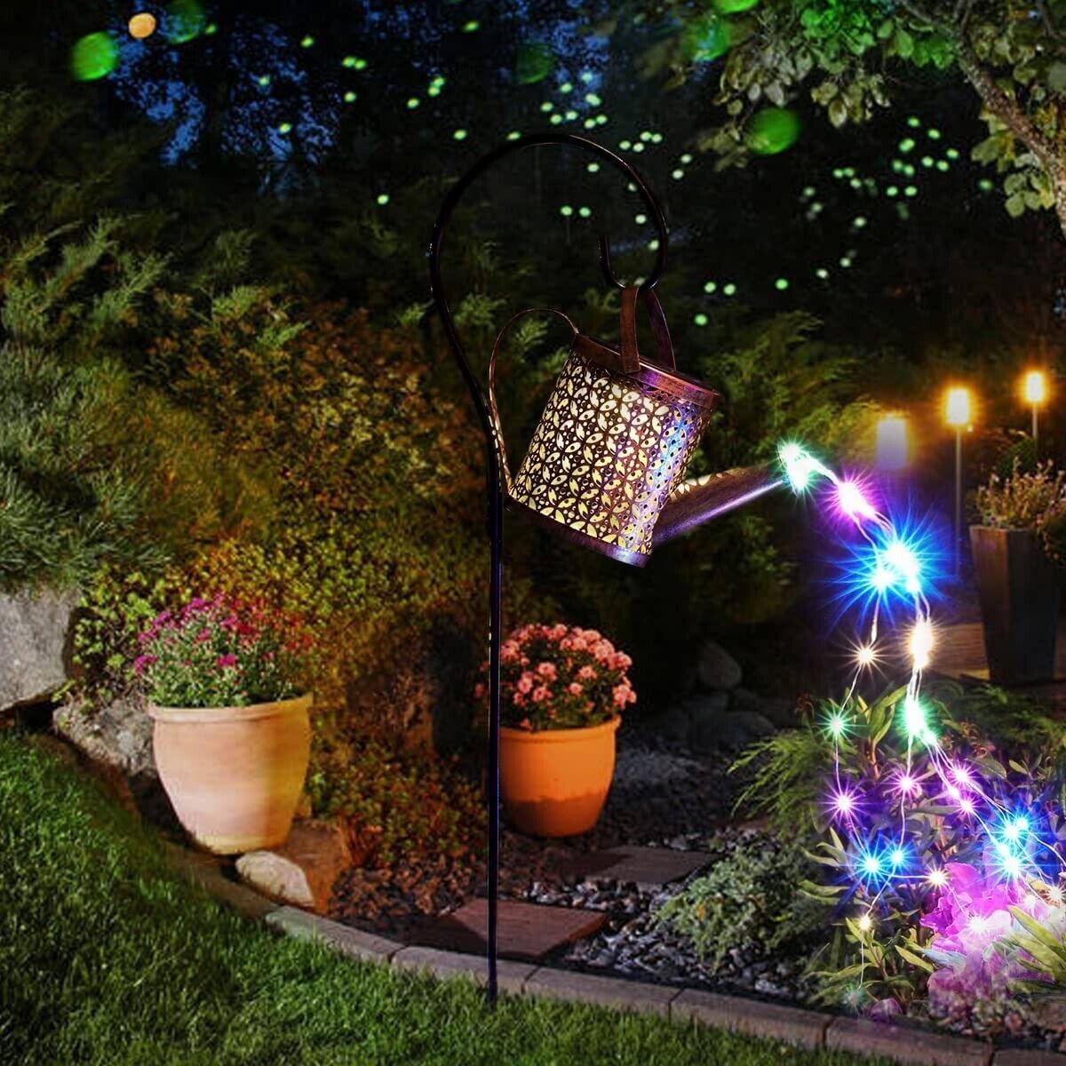 Copper solar watering can lantern with multicolour fairy lights, alternate view 1