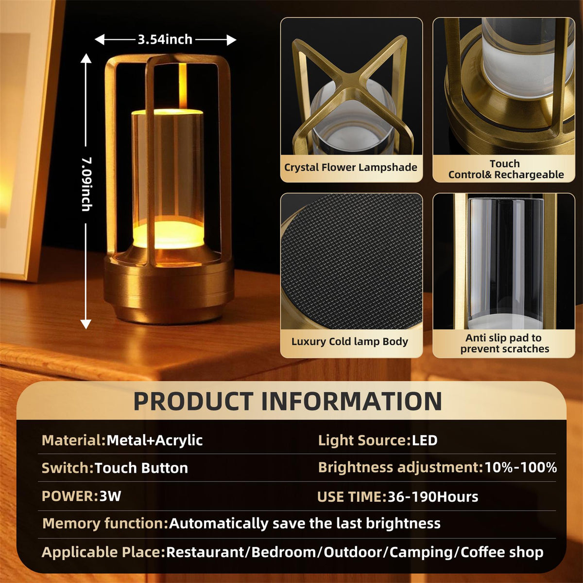 Bellamy cordless lantern table lamp in brushed aluminium with amber glow, alternate view 2