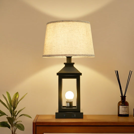 Brenton farmhouse table lamp, black metal lantern frame with natural linen shade and USB charging ports