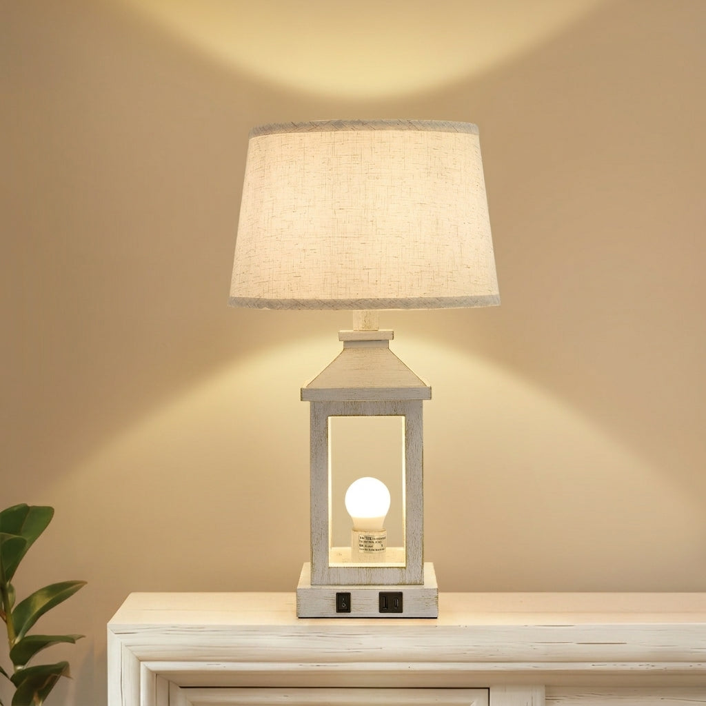 Ashbury farmhouse table lamp, distressed white lantern frame with natural linen shade and USB charging ports, sold as a set of two