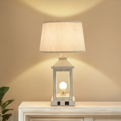Ashbury farmhouse table lamp, distressed white lantern frame with natural linen shade and USB charging ports, sold as a set of two
