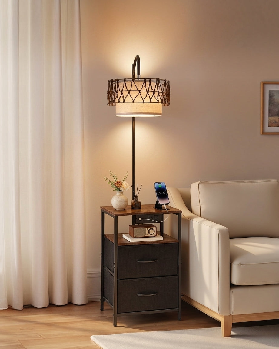 Halston 2-Tier floor lamp side table in black, macrame-wrapped shade over two drawers and a wood-finish top