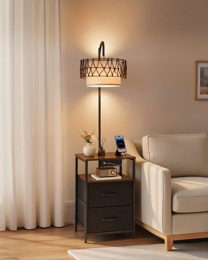 Halston 2-Tier floor lamp side table in black, macrame-wrapped shade over two drawers and a wood-finish top