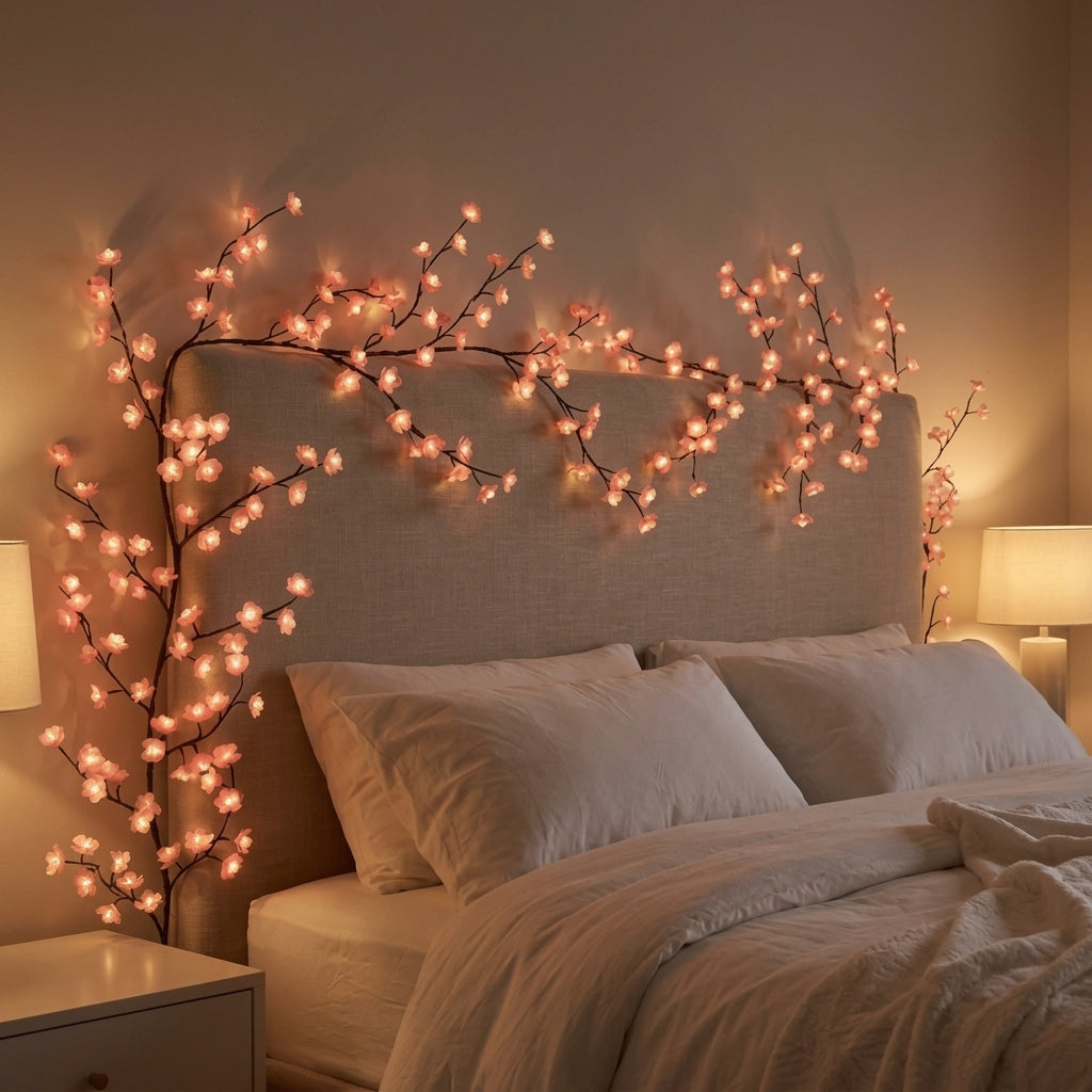 Cherry blossom vine lights — a bendable LED branch garland with pink blossoms, shaped against a wall