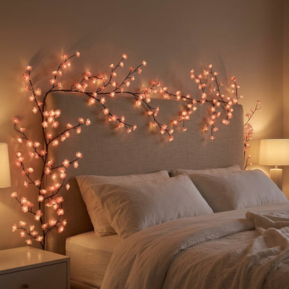 Cherry blossom vine lights — a bendable LED branch garland with pink blossoms, shaped against a wall
