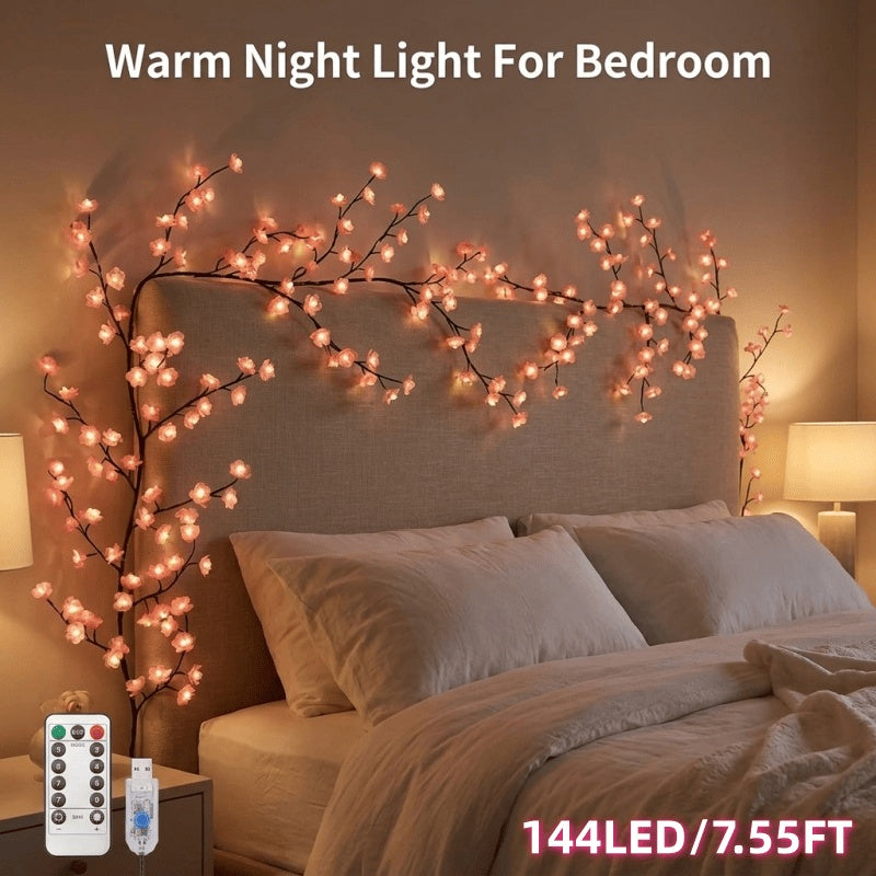 Cherry blossom LED branch vine lights shaped against a wall, alternate view 7
