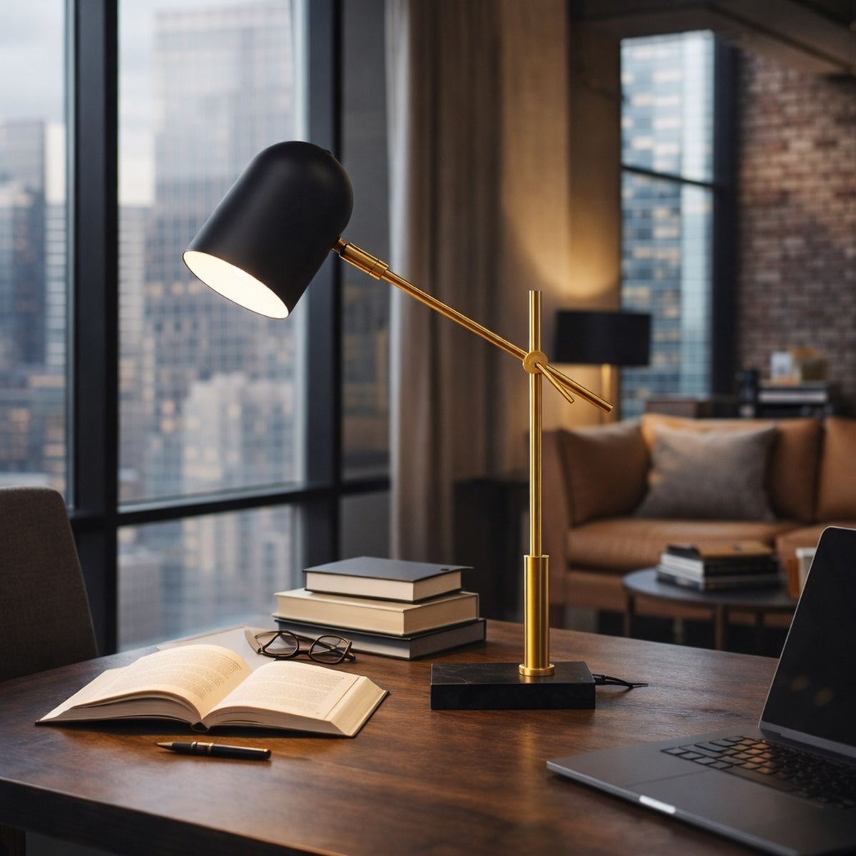 Dome desk lamp, 19 in, black — black dome shade with white interior on an angled arm and weighted rectangular base