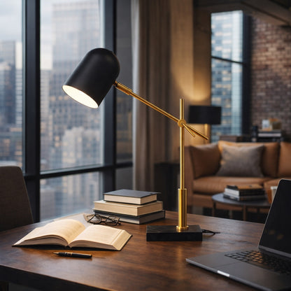 Dome desk lamp, 19 in, black — black dome shade with white interior on an angled arm and weighted rectangular base