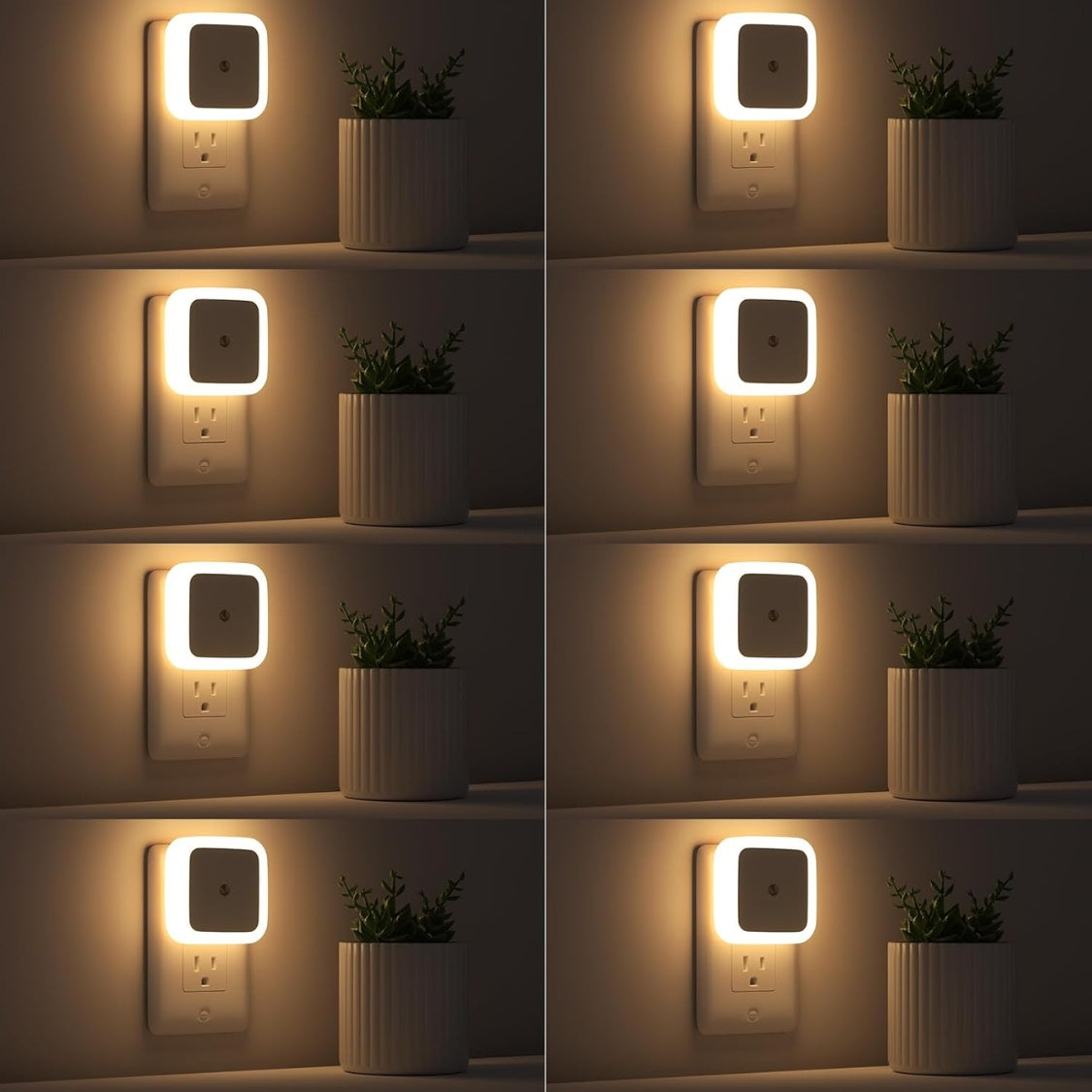 Plug-in dusk to dawn LED night light in white, shown in a wall outlet, sold as a pack of eight