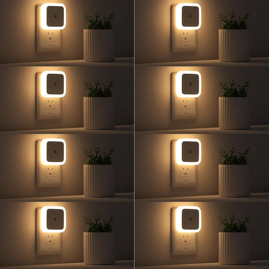 Plug-in dusk to dawn LED night light in white, shown in a wall outlet, sold as a pack of eight