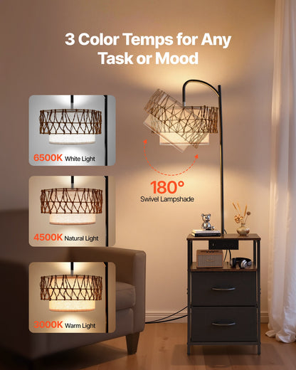 Halston 2-Tier floor lamp side table in black with macrame-wrapped shade and two drawers, alternate view
