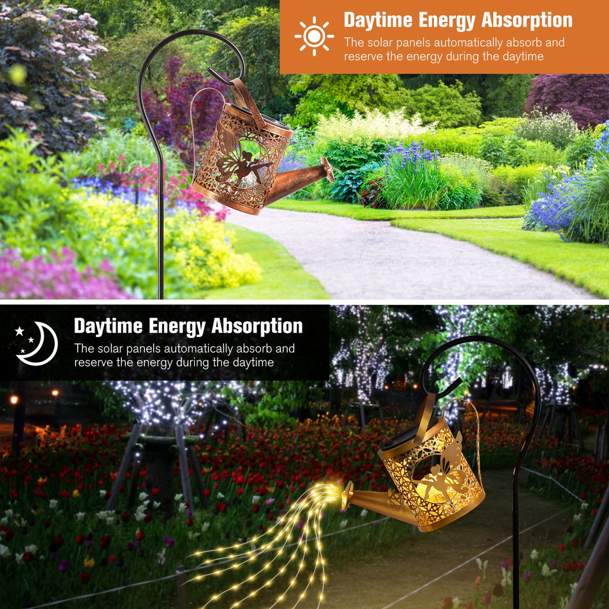 Bronze solar watering can lantern with cascading fairy lights, alternate view 3