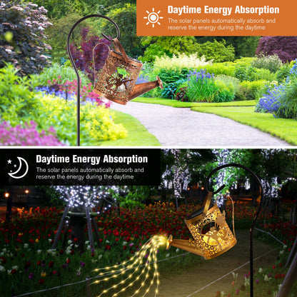 Bronze solar watering can lantern with cascading fairy lights, alternate view 3