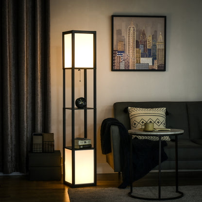 Ridley shelf floor lamp in black, two crinkle-textured fabric shades with two open shelves between them