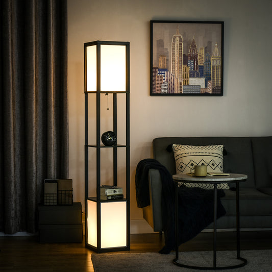 Ridley shelf floor lamp in black, two crinkle-textured fabric shades with two open shelves between them