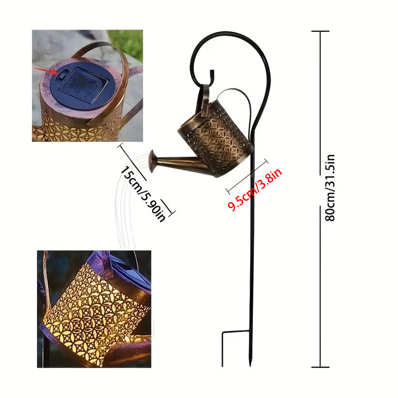 Copper solar watering can lantern with multicolour fairy lights, alternate view 3