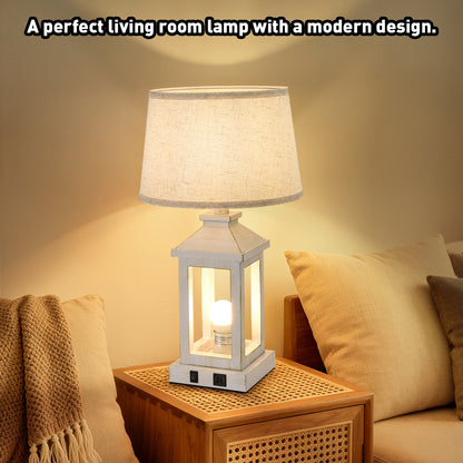 Ashbury farmhouse table lamp, distressed white lantern frame with natural linen shade, alternate view